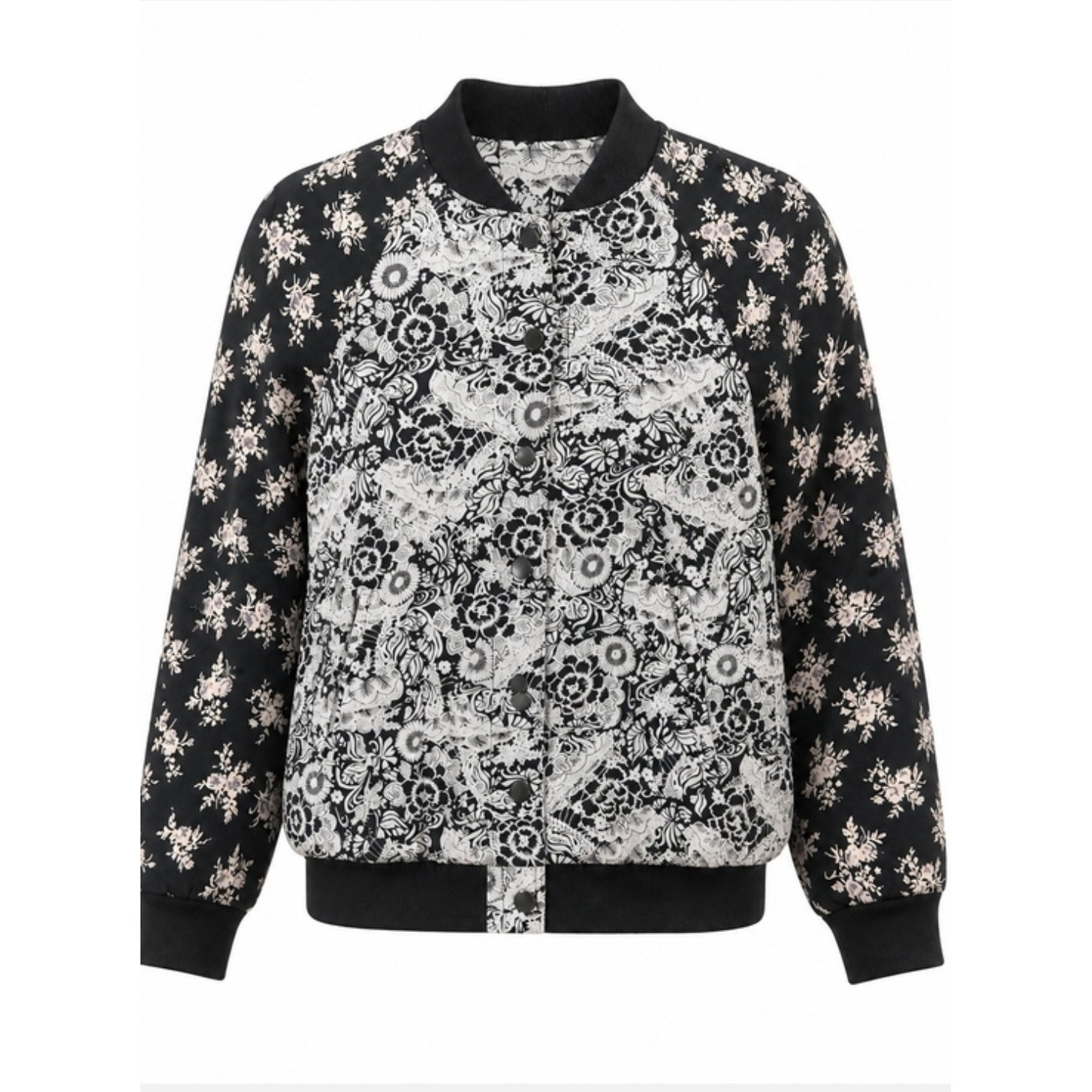 Free People Women's Floral Bomber Jacket Black White Long Sleeve Size Xs